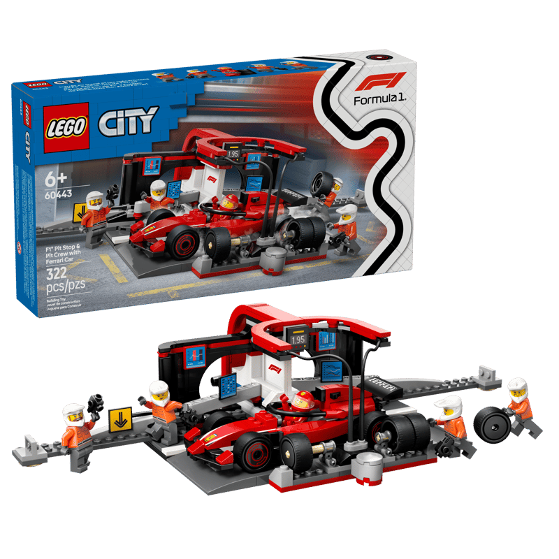 LEGO CITY FORMULA 1 PARADA EN BOXES DE F1 Y EQUIPO DE MECÁNICOS CON COCHE FERRARI