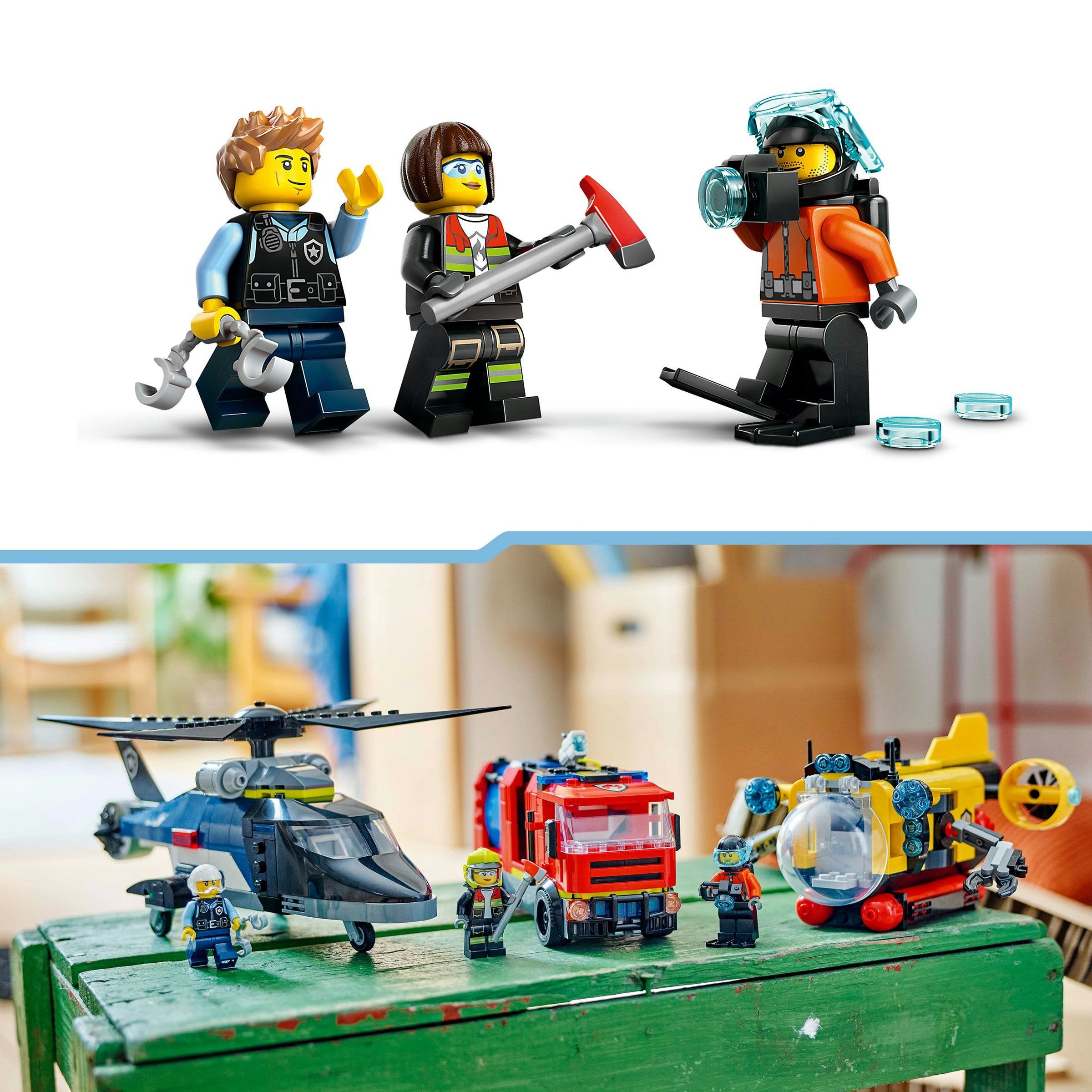 LEGO CITY GREAT VEHICLES REMIX: HELICÓPTERO, CAMIÓN DE BOMBEROS Y SUBMARINO - Imagen 4