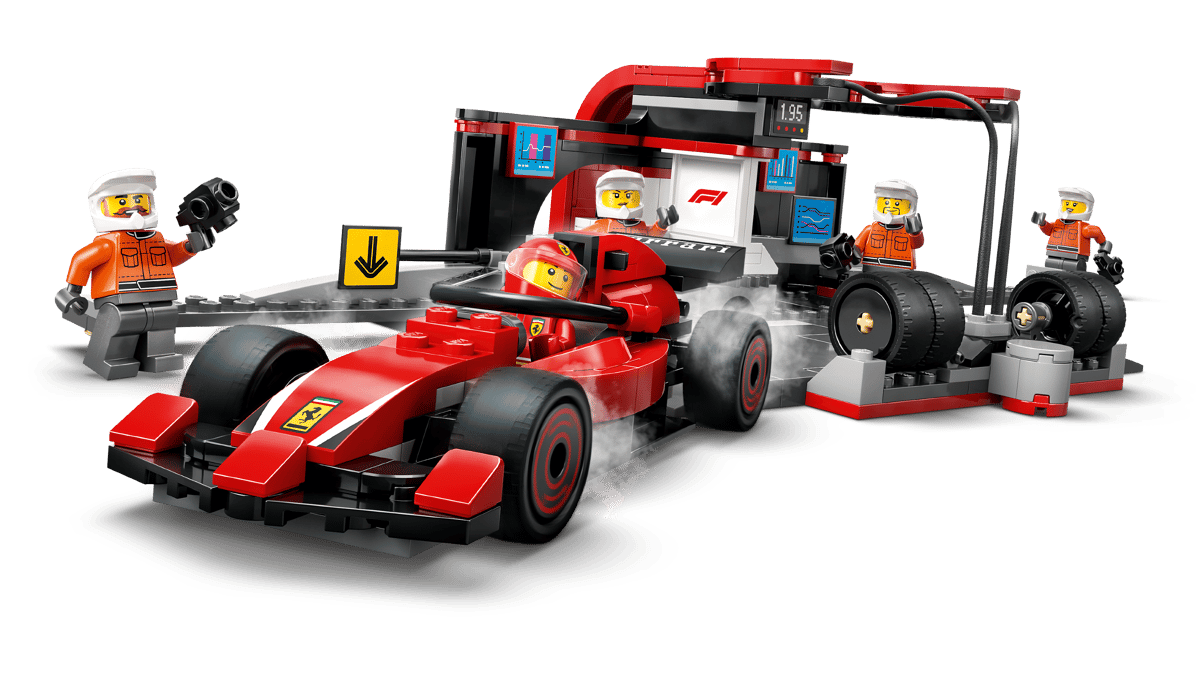 LEGO CITY FORMULA 1 PARADA EN BOXES DE F1 Y EQUIPO DE MECÁNICOS CON COCHE FERRARI - Imagen 3